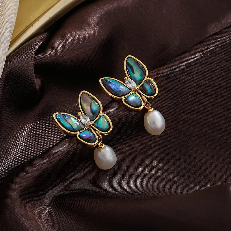 1 Pair Ig Style Butterfly Plating Inlay Metal Copper Freshwater Pearl Shell 18k Gold Plated Silver Plated Drop Earrings