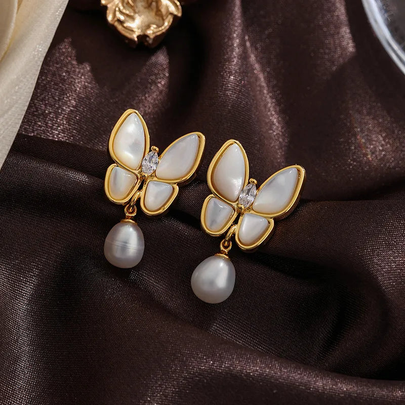 1 Pair Ig Style Butterfly Plating Inlay Metal Copper Freshwater Pearl Shell 18k Gold Plated Silver Plated Drop Earrings