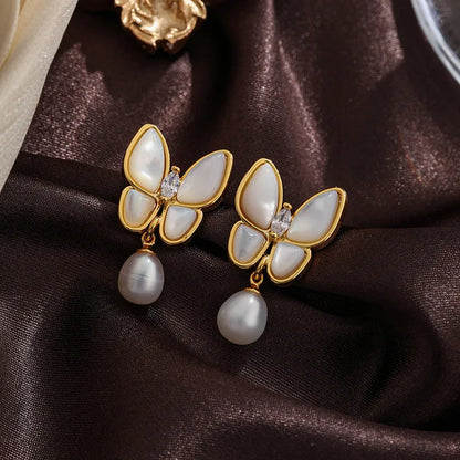 1 Pair Ig Style Butterfly Plating Inlay Metal Copper Freshwater Pearl Shell 18k Gold Plated Silver Plated Drop Earrings