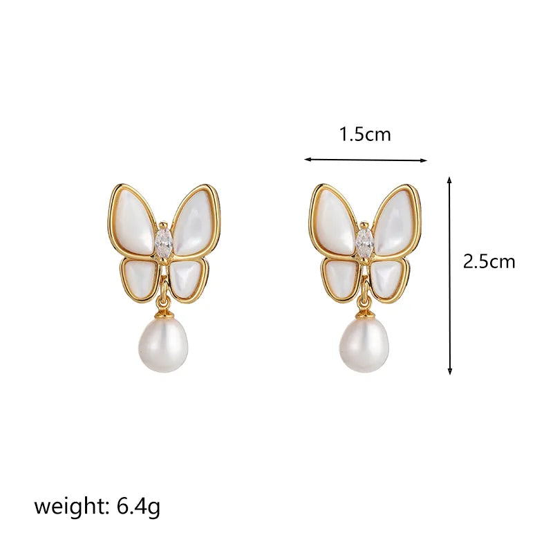 1 Pair Ig Style Butterfly Plating Inlay Metal Copper Freshwater Pearl Shell 18k Gold Plated Silver Plated Drop Earrings