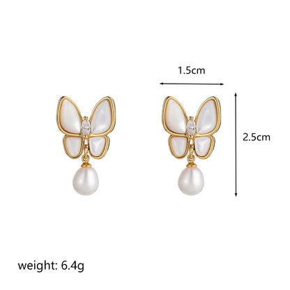 1 Pair Ig Style Butterfly Plating Inlay Metal Copper Freshwater Pearl Shell 18k Gold Plated Silver Plated Drop Earrings