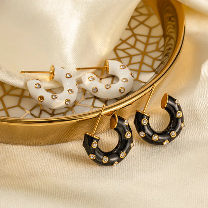 1 Pair Ig Style C Shape Enamel Plating Inlay Stainless Steel Artificial Diamond 18k Gold Plated Ear Studs