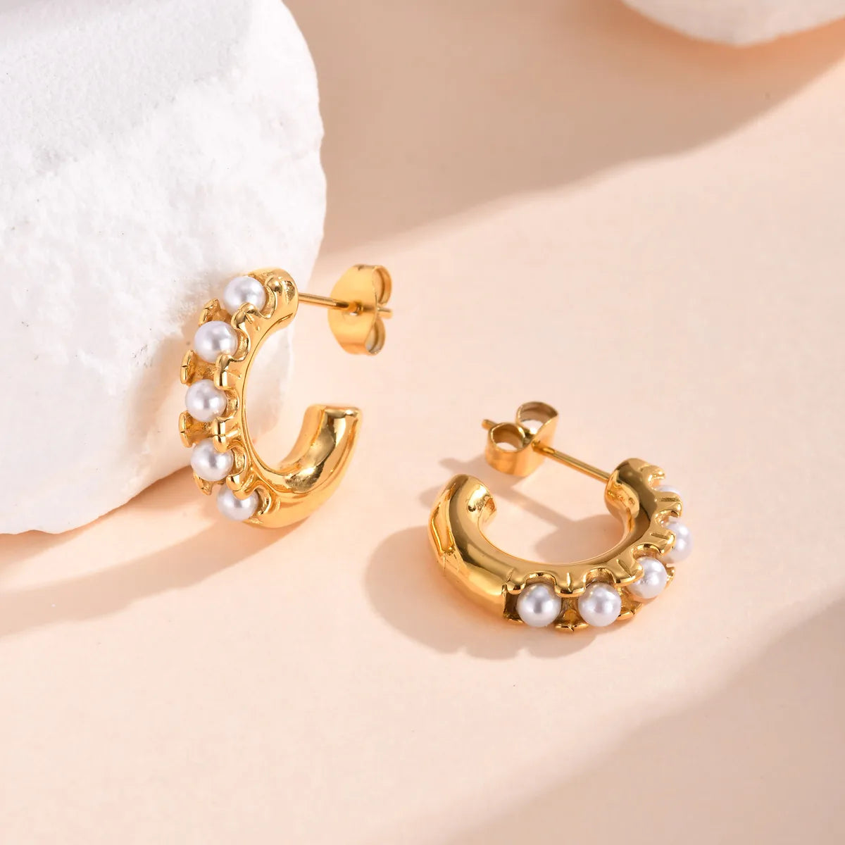 1 Pair IG Style C Shape Inlay 304 Stainless Steel Artificial Pearls 18K Gold Plated Ear Studs