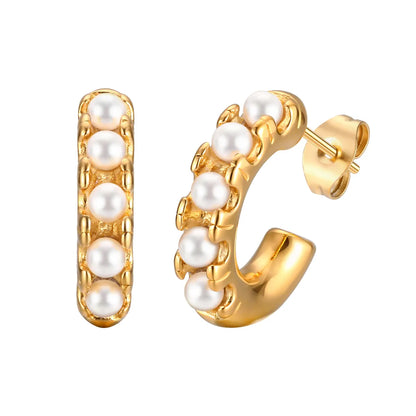 1 Pair IG Style C Shape Inlay 304 Stainless Steel Artificial Pearls 18K Gold Plated Ear Studs