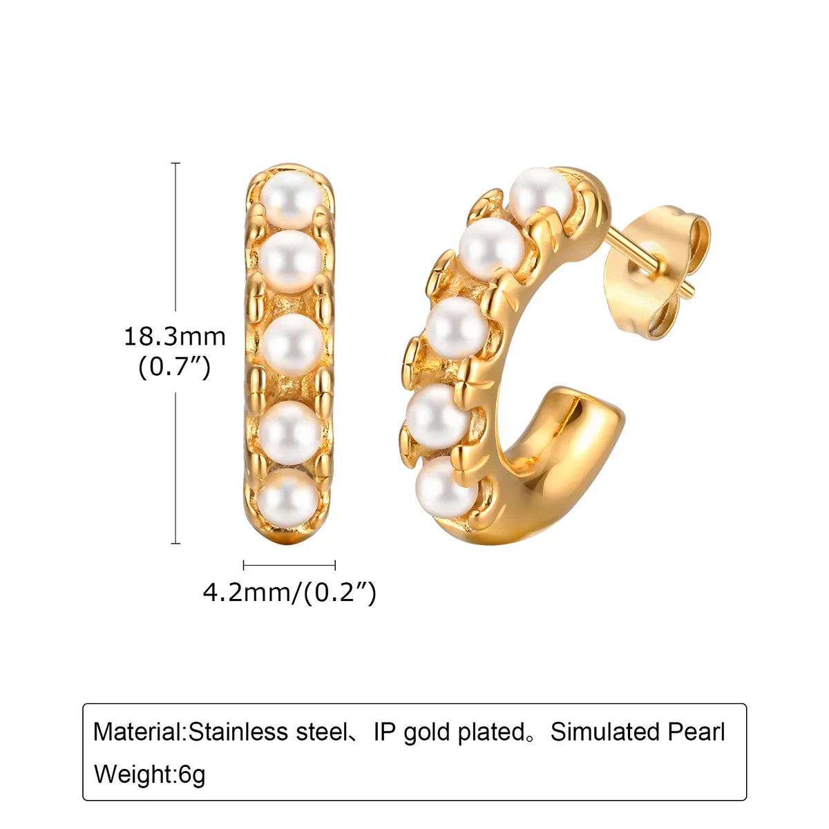 1 Pair IG Style C Shape Inlay 304 Stainless Steel Artificial Pearls 18K Gold Plated Ear Studs