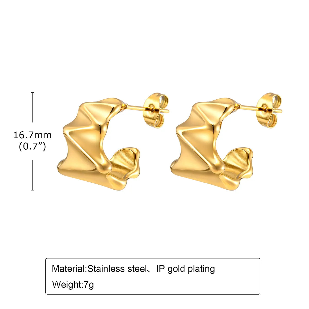 1 Pair Ig Style C Shape Plating Pleated Stainless Steel 18k Gold Plated Ear Studs