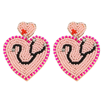 1 Pair IG Style Casual Doll Letter Heart Shape Beaded Inlay Seed Bead Rhinestones Drop Earrings