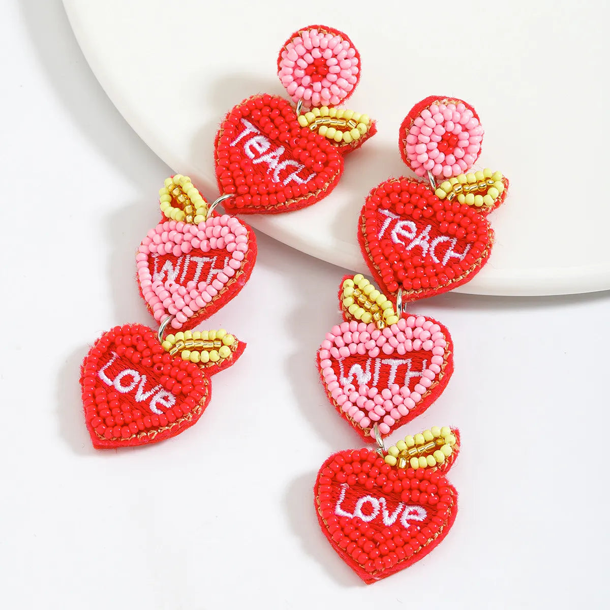 1 Pair IG Style Casual Doll Letter Heart Shape Beaded Inlay Seed Bead Rhinestones Drop Earrings