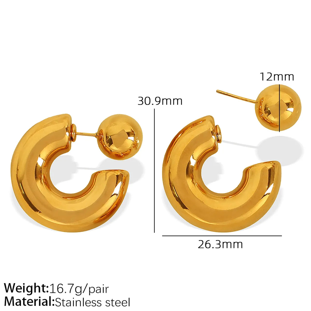 1 Pair IG Style Casual Retro C Shape Round Polishing Plating 304 Stainless Steel 18K Gold Plated Ear Studs