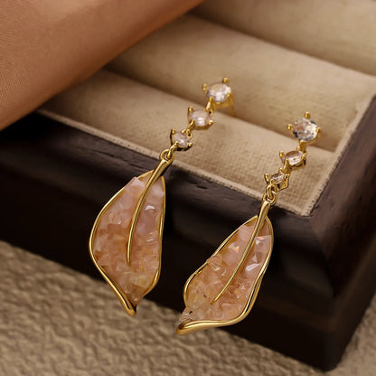 1 Pair IG Style Casual Shiny Leaves Inlay Copper Crystal Zircon 14K Gold Plated Drop Earrings