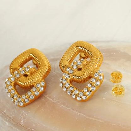 1 Pair IG Style Casual Simple Style Geometric Round Square Polishing Inlay 304 Stainless Steel Artificial Pearls Rhinestones 18K Gold Plated Drop Earrings