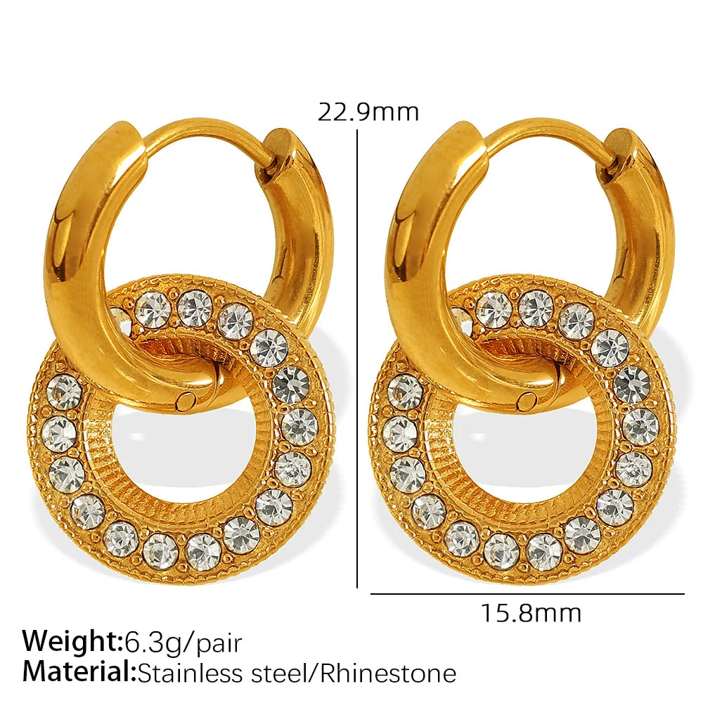 1 Pair IG Style Casual Simple Style Geometric Round Square Polishing Inlay 304 Stainless Steel Artificial Pearls Rhinestones 18K Gold Plated Drop Earrings