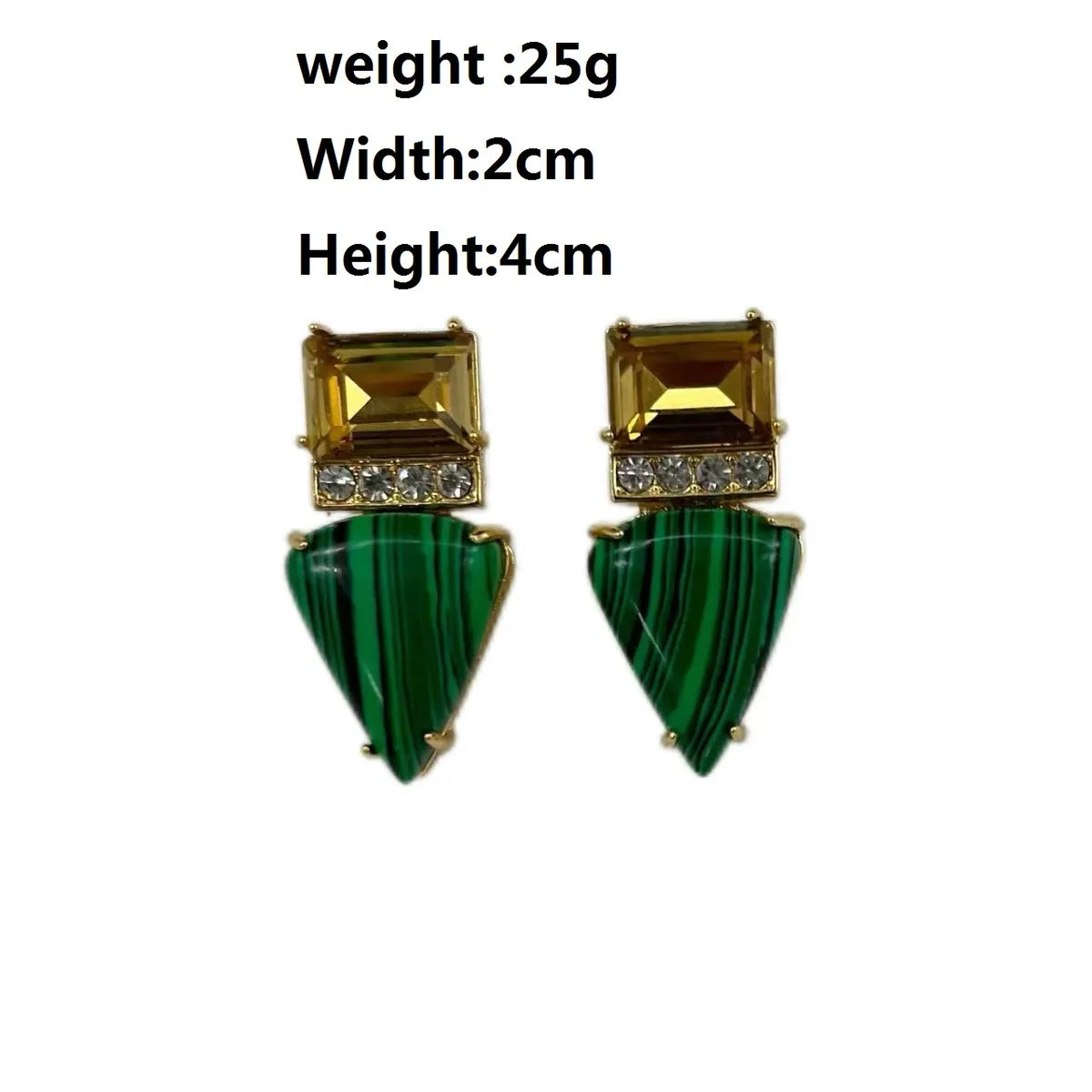 1 Pair IG Style Casual Simple Style Triangle Rectangle Inlay Copper Artificial Crystal Malachite Rhinestones 24K Gold Plated Drop Earrings