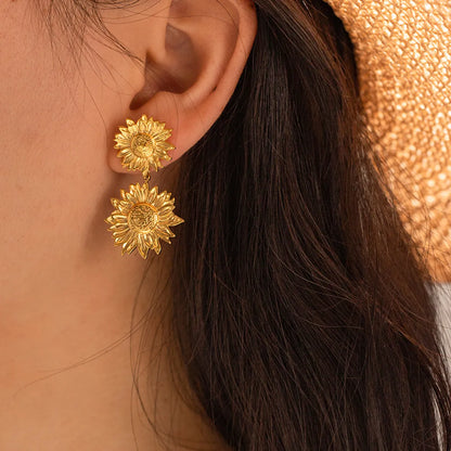 1 Pair Ig Style Casual Sunflower Plating Stainless Steel 18k Gold Plated Drop Earrings