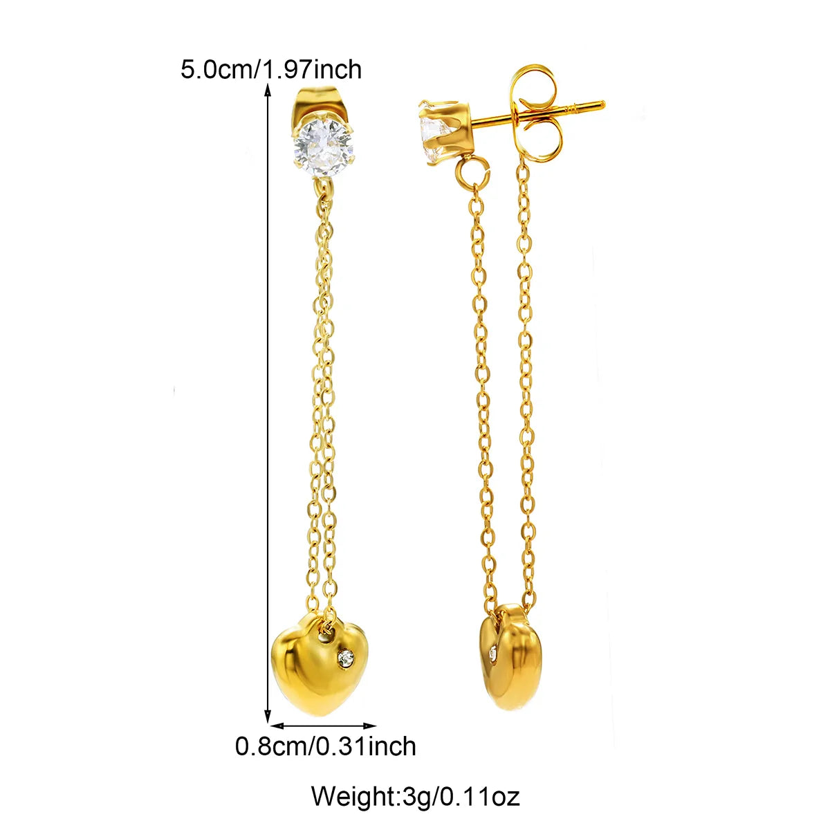 1 Pair IG Style Casual Sweet Heart Shape Chain Inlay 304 Stainless Steel Zircon 18K Gold Plated Drop Earrings