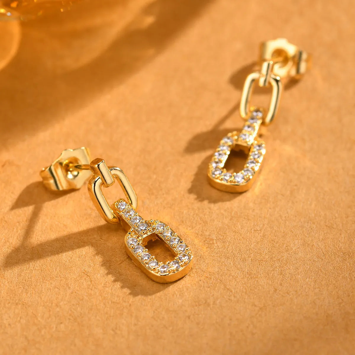 1 Pair IG Style Chain Inlay Copper Zircon 18K Gold Plated Drop Earrings