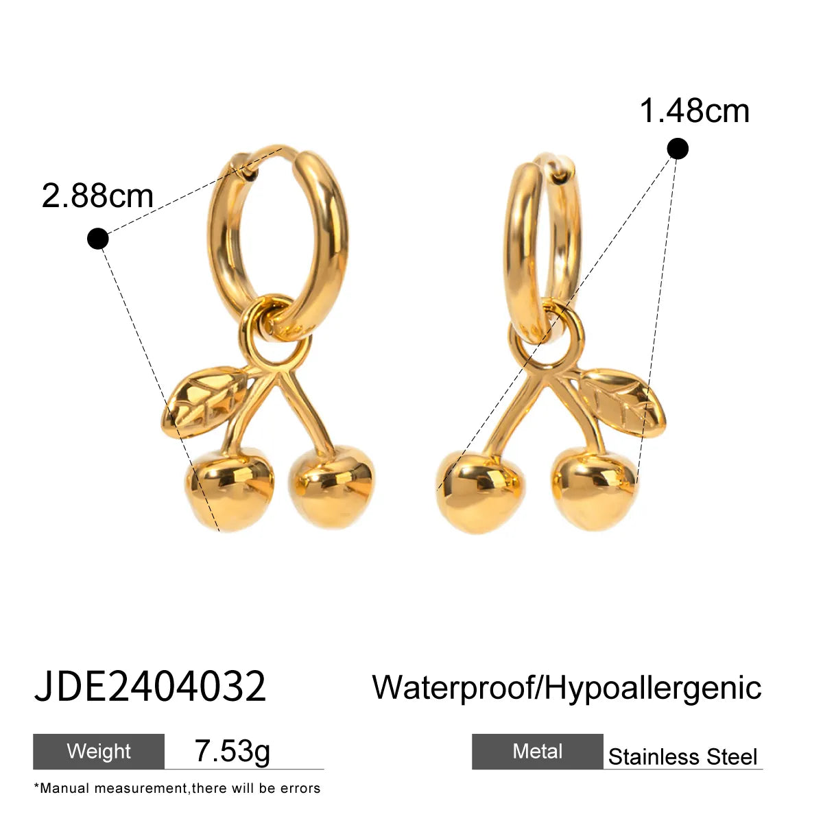 1 Pair IG Style Cherry 316 Stainless Steel  18K Gold Plated Drop Earrings