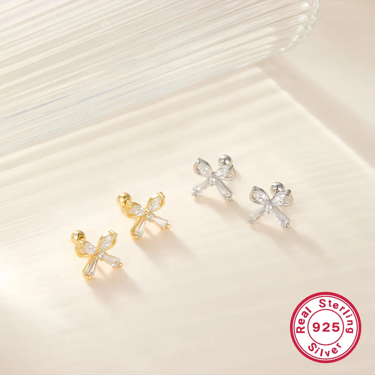 1 Pair Ig Style Commute Shiny Bow Knot Plating Inlay Sterling Silver Zircon 18k Gold Plated White Gold Plated Ear Studs