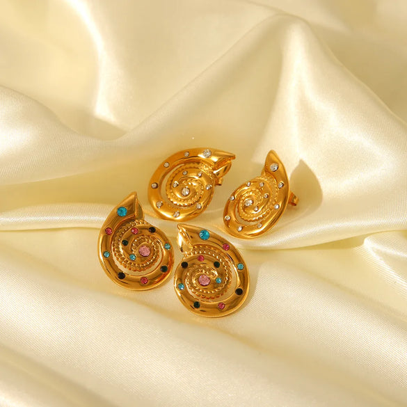 1 Pair IG Style Conch Polishing Plating Inlay 304 Stainless Steel Rhinestones 18K Gold Plated Ear Studs