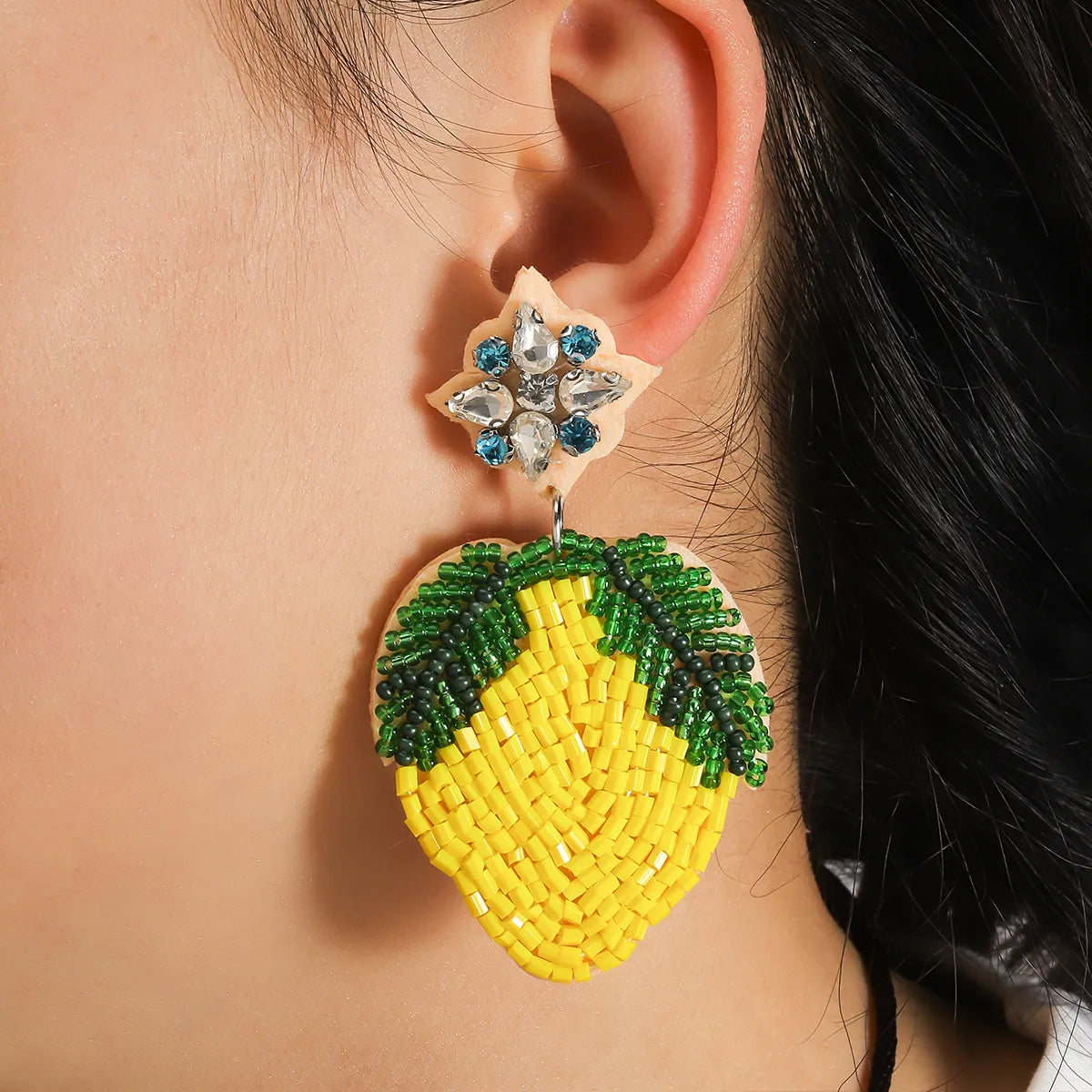 1 Pair IG Style Cute Handmade Lemon Cherry Beaded Handmade Inlay Plastic Cloth Rhinestones Drop Earrings