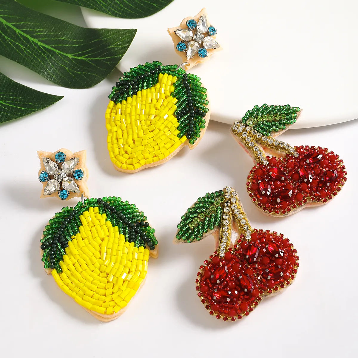 1 Pair IG Style Cute Handmade Lemon Cherry Beaded Handmade Inlay Plastic Cloth Rhinestones Drop Earrings