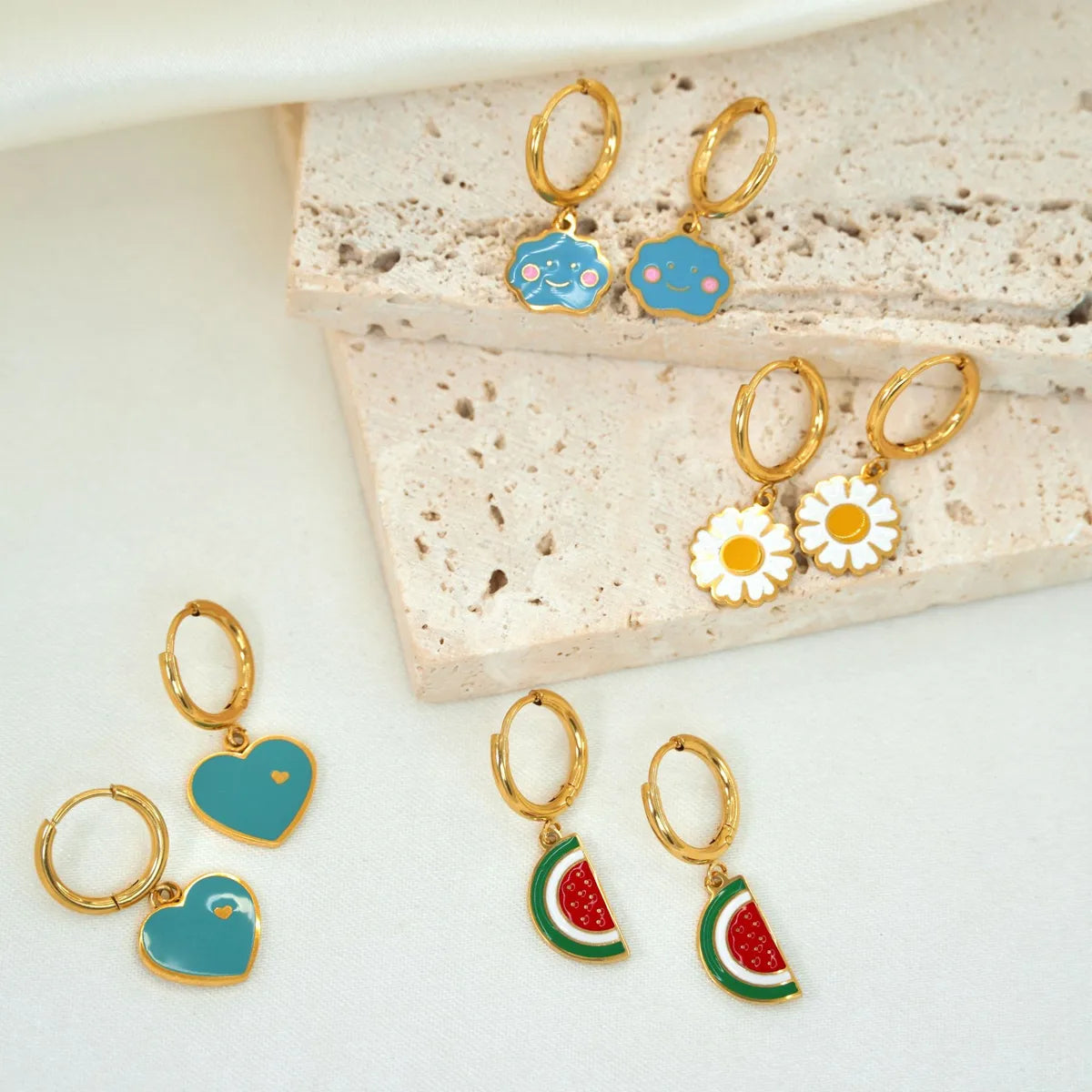 1 Pair IG Style Cute Heart Shape Flower Watermelon Enamel Plating 304 Stainless Steel Drop Earrings