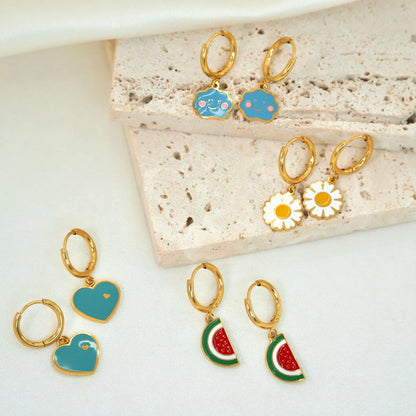 1 Pair IG Style Cute Heart Shape Flower Watermelon Enamel Plating 304 Stainless Steel Drop Earrings