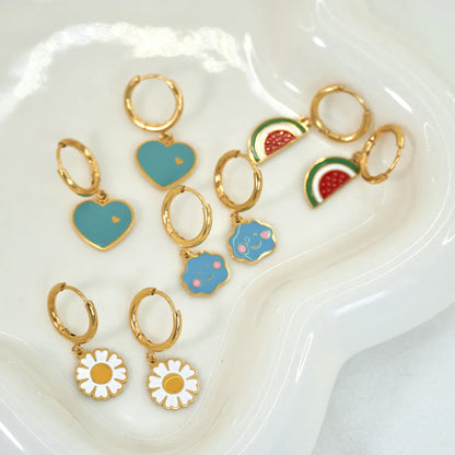 1 Pair IG Style Cute Heart Shape Flower Watermelon Enamel Plating 304 Stainless Steel Drop Earrings