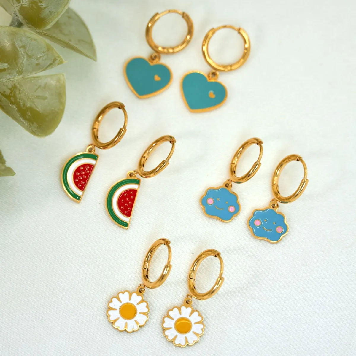 1 Pair IG Style Cute Heart Shape Flower Watermelon Enamel Plating 304 Stainless Steel Drop Earrings