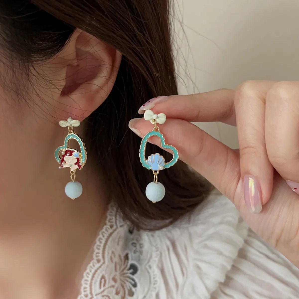 1 Pair Ig Style Cute Human Heart Shape Shell Enamel Plating Inlay Alloy Artificial Pearls Drop Earrings Ear Cuffs