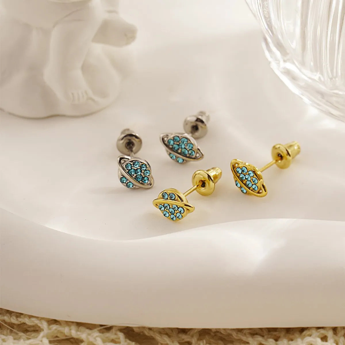 1 Pair IG Style Cute Sweet Bunny Ears Dinosaur Cat Inlay 304 Stainless Steel Rhinestones 18K Gold Plated Ear Studs