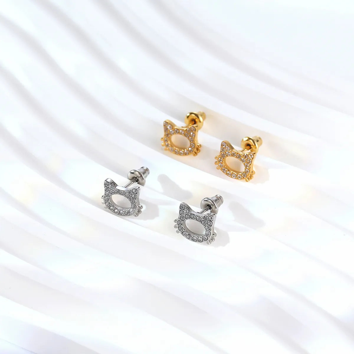 1 Pair IG Style Cute Sweet Bunny Ears Dinosaur Cat Inlay 304 Stainless Steel Rhinestones 18K Gold Plated Ear Studs