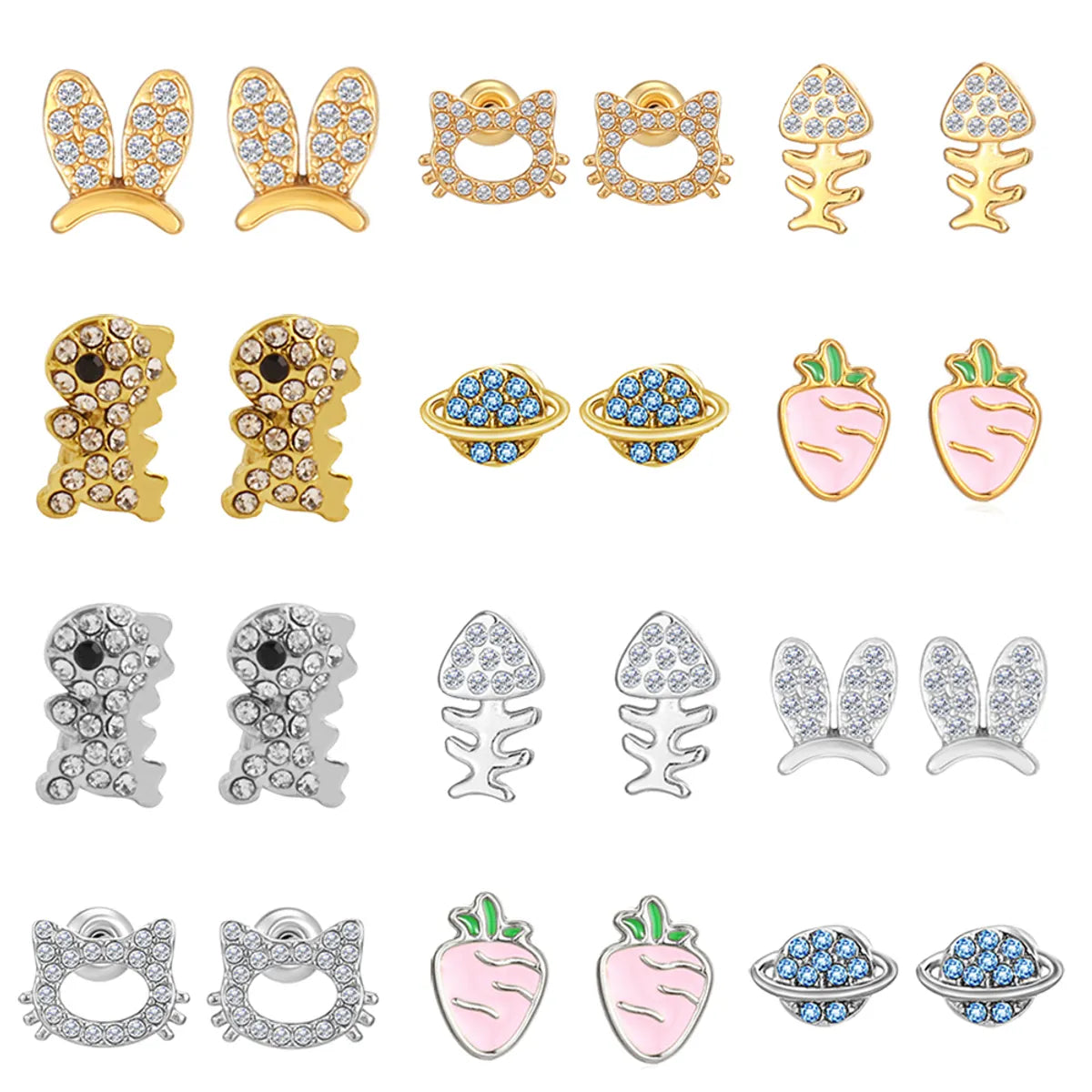 1 Pair IG Style Cute Sweet Bunny Ears Dinosaur Cat Inlay 304 Stainless Steel Rhinestones 18K Gold Plated Ear Studs