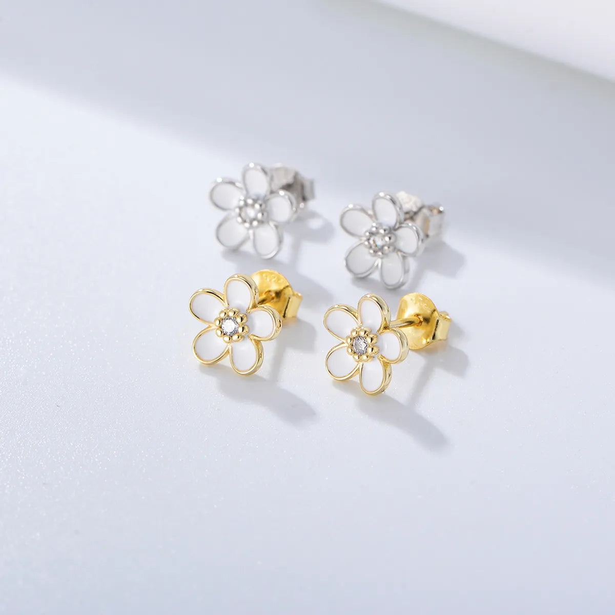 1 Pair Ig Style Cute Sweet Flower Epoxy Plating Inlay Sterling Silver Zircon 14k Gold Plated Rhodium Plated Ear Studs