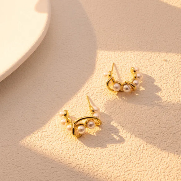 1 Pair IG Style Elegant C Shape Inlay 304 Stainless Steel Pearl Ear Studs