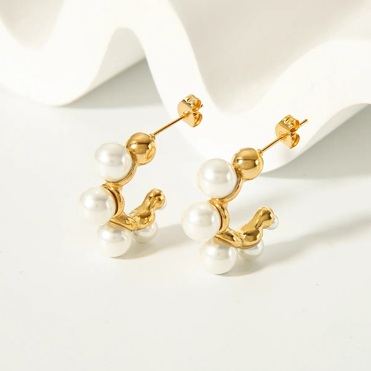 1 Pair Ig Style Elegant C Shape Plating Inlay Stainless Steel Pearl 18k Gold Plated Ear Studs