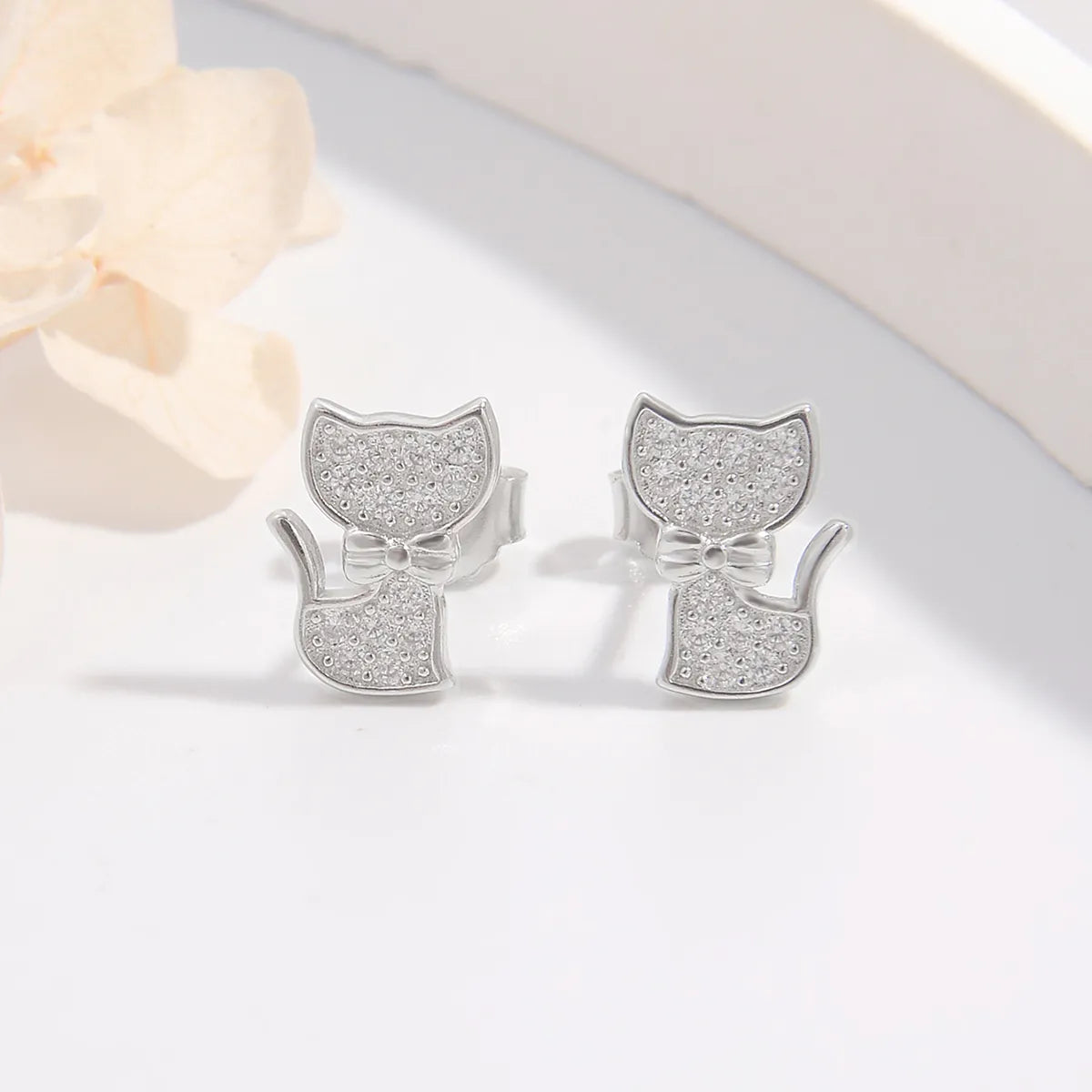 1 Pair Ig Style Elegant Cute Cat Plating Inlay Sterling Silver Zircon White Gold Plated Rhodium Plated Ear Studs