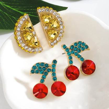 1 Pair IG Style Elegant Cute Lemon Cherry Polishing Inlay Zinc Alloy Rhinestones K Gold Plated Ear Studs