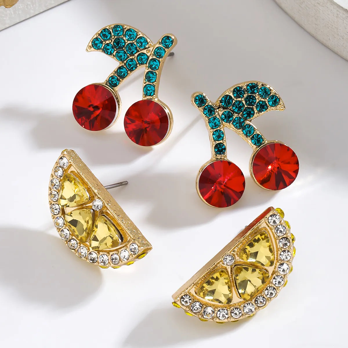 1 Pair IG Style Elegant Cute Lemon Cherry Polishing Inlay Zinc Alloy Rhinestones K Gold Plated Ear Studs