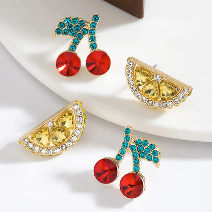 1 Pair IG Style Elegant Cute Lemon Cherry Polishing Inlay Zinc Alloy Rhinestones K Gold Plated Ear Studs