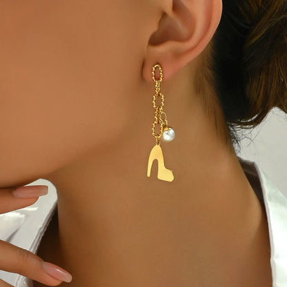 1 Pair IG Style Elegant Human High Heel Inlay 201 Stainless Steel Pearl 18K Gold Plated Drop Earrings