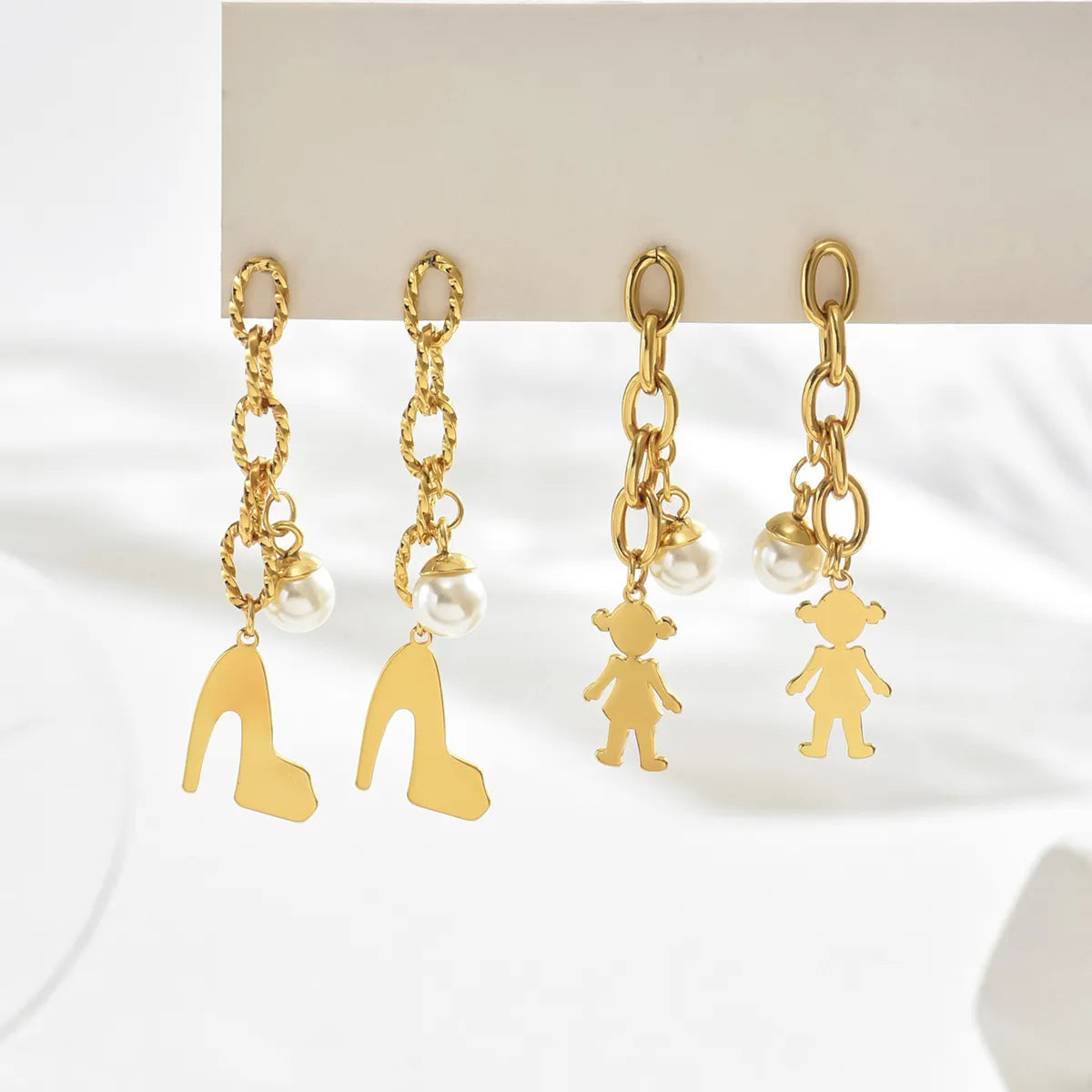 1 Pair IG Style Elegant Human High Heel Inlay 201 Stainless Steel Pearl 18K Gold Plated Drop Earrings