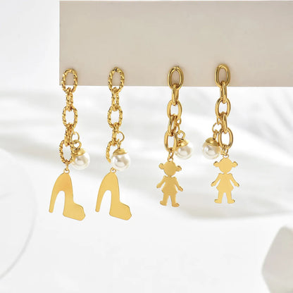 1 Pair IG Style Elegant Human High Heel Inlay 201 Stainless Steel Pearl 18K Gold Plated Drop Earrings