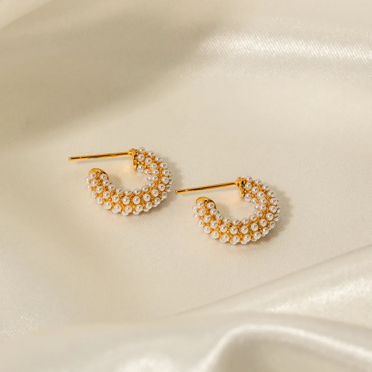 1 Pair IG Style Elegant Lady C Shape Inlay 316 Stainless Steel  Artificial Pearls 18K Gold Plated Earrings