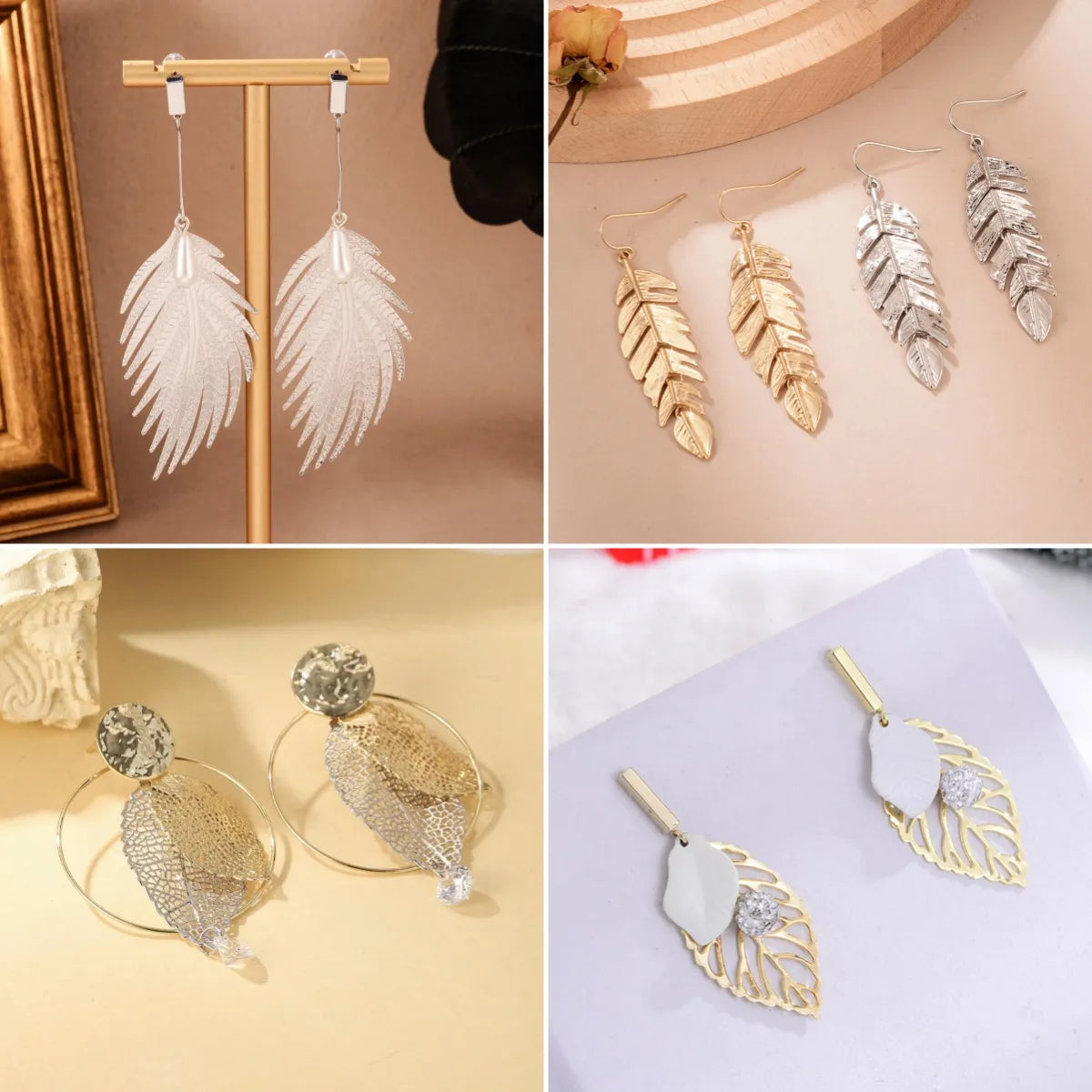 1 Pair Ig Style Elegant Leaves Feather Plating Hollow Out Inlay Alloy Copper Artificial Pearls Rhinestones 14k Gold Plated 18k Gold Plated Silver Plated Drop Earrings