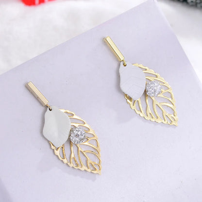 1 Pair Ig Style Elegant Leaves Feather Plating Hollow Out Inlay Alloy Copper Artificial Pearls Rhinestones 14k Gold Plated 18k Gold Plated Silver Plated Drop Earrings