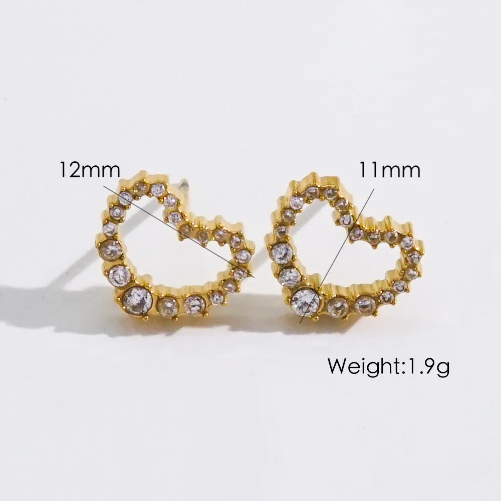 1 Pair IG Style Elegant Modern Style Heart Shape Inlay 304 Stainless Steel Zircon 14K Gold Plated Ear Studs