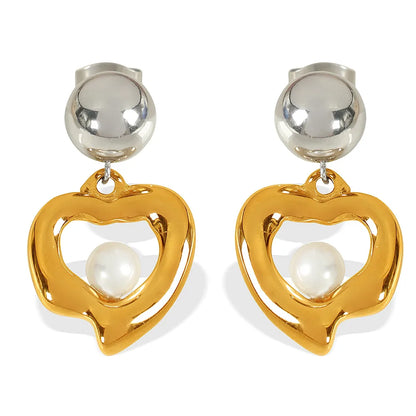 1 Pair IG Style Elegant Retro Heart Shape Polishing Hollow Out Inlay 304 Stainless Steel Glass Bead 18K Gold Plated Drop Earrings