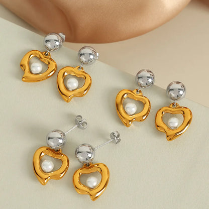 1 Pair IG Style Elegant Retro Heart Shape Polishing Hollow Out Inlay 304 Stainless Steel Glass Bead 18K Gold Plated Drop Earrings