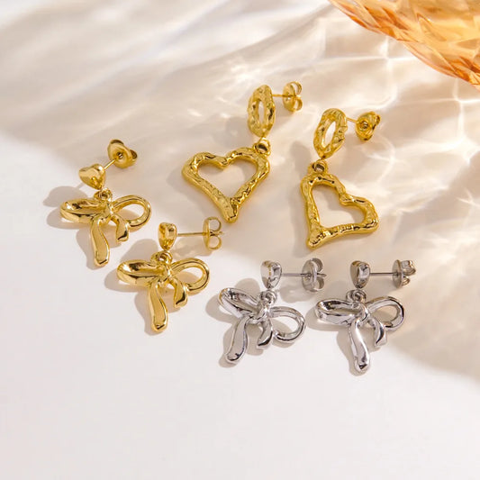 1 Pair IG Style Elegant Simple Style Heart Shape Bow Knot 304 Stainless Steel 14K Gold Plated Drop Earrings